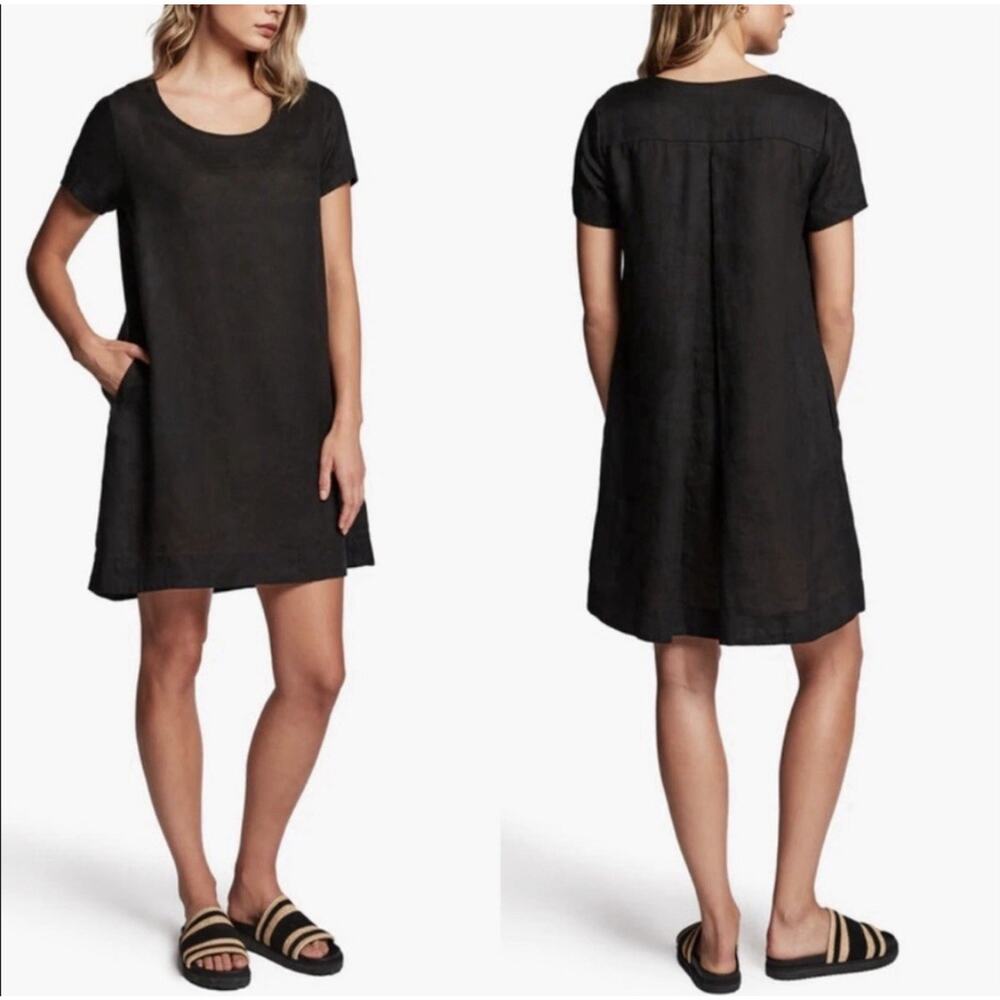 James Perse Linen Short Sleeve‎ Tunic Caftan Dress Sz 1 Black Minimalist Coastal